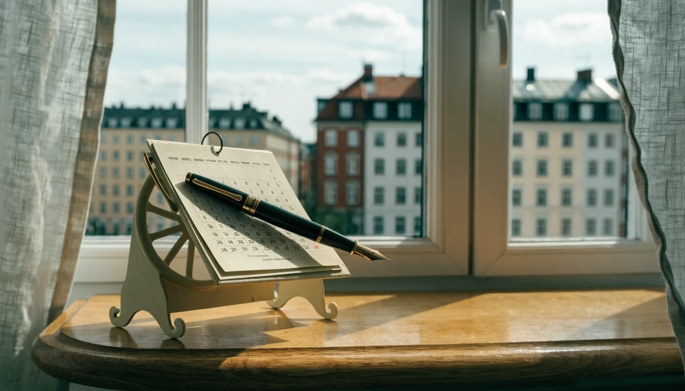 Gammal almanacka och reservoarpenna på skrivbord