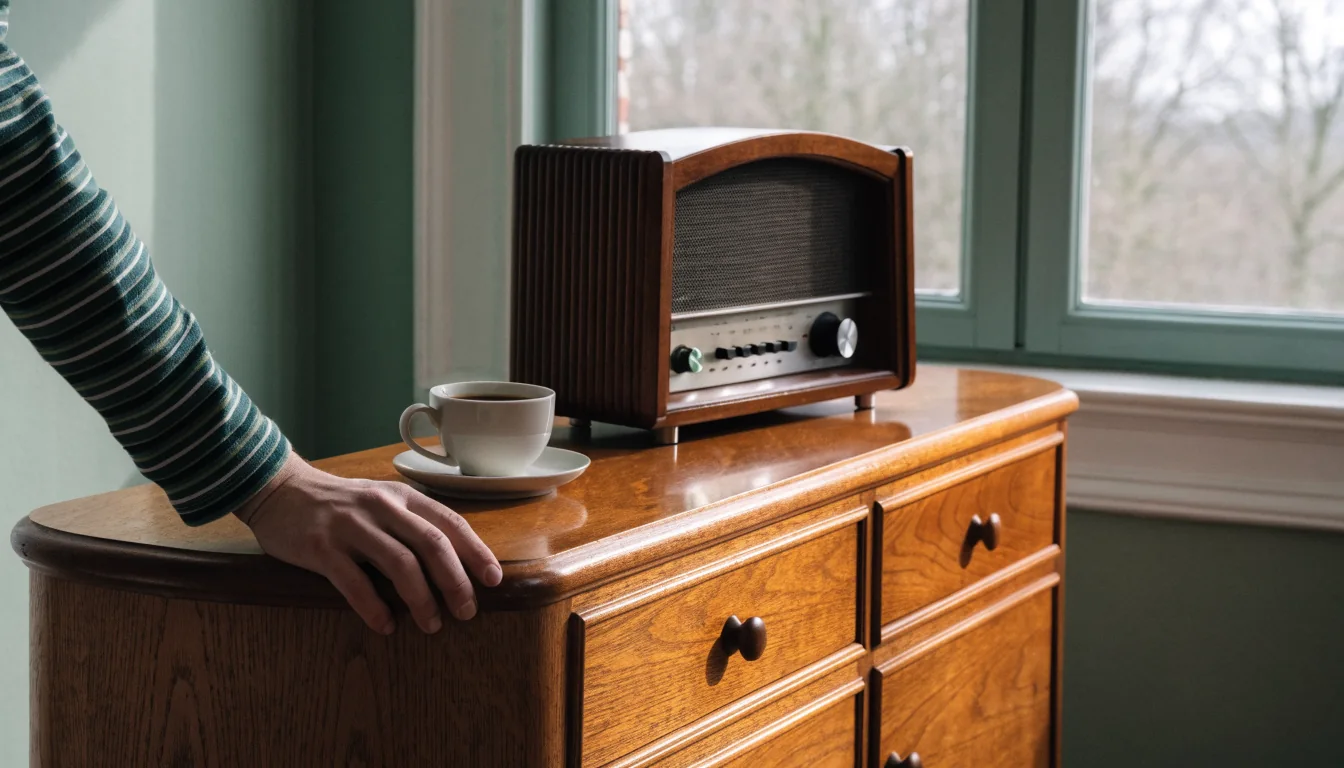 Hand vid en avstängd radio i skandinavisk vardagsmiljö